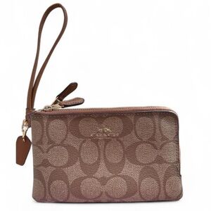 Coach Double Corner Zip Wristlet- Gold/Khaki